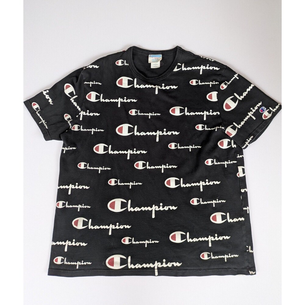 VTG Champion T-Shirt Mens Size XL Black Script Logo AOP Athletic Gym Streetwear
